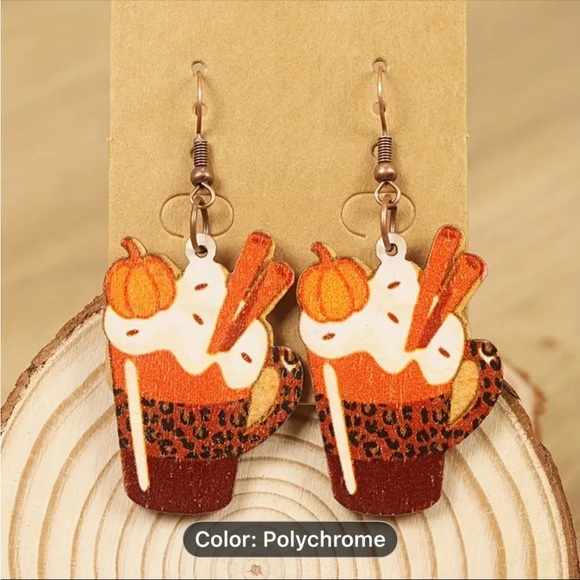 Earrings, NWT, Wooden Pumpkin Latte Cup W/Leopard Print, Dangle, So Cute! - Picture 2 of 6